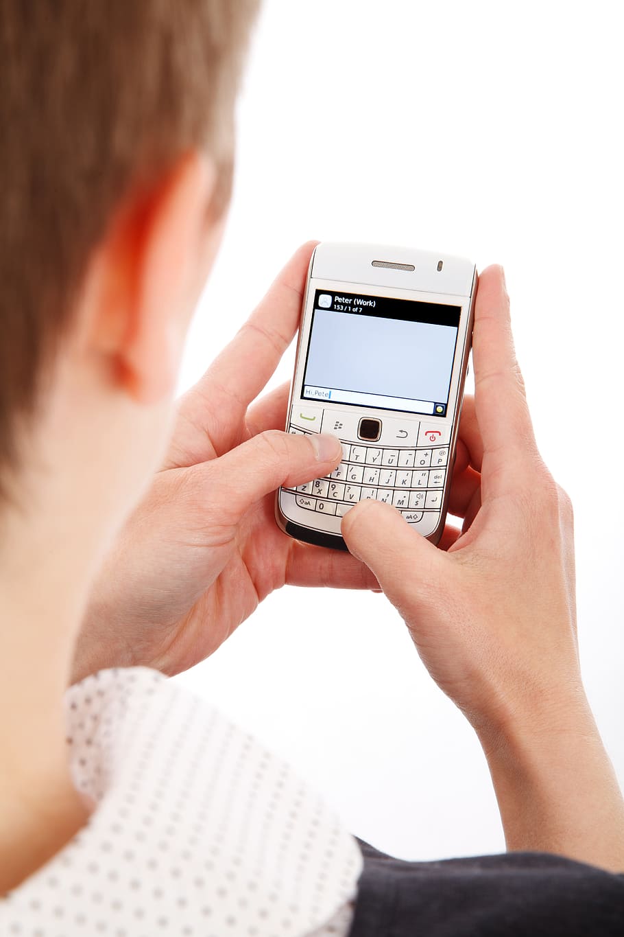 man, holding, white, qwerty phone, qwerty, phone, screen, business, cell, communication