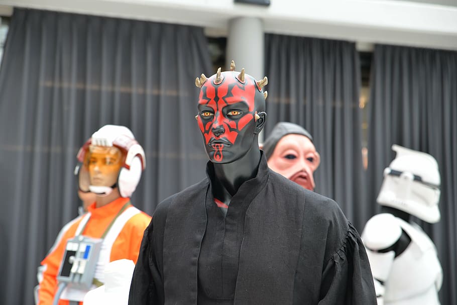 people, wearing, star wars costumes indoors, comiccon, star wars, darth maul, display dummy, mannequin, men, group of people