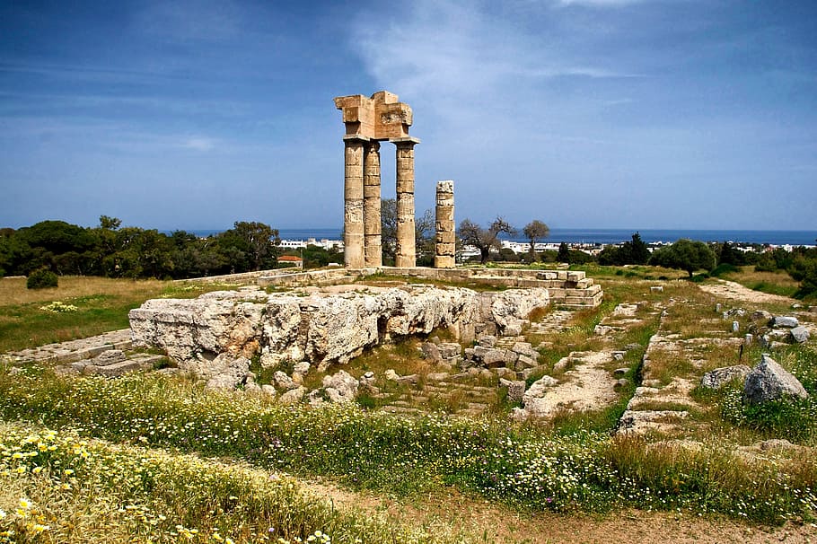 rhodes, greece, temple of appollon, landscape, scenic, sky, clouds, ancient, ruins, remains