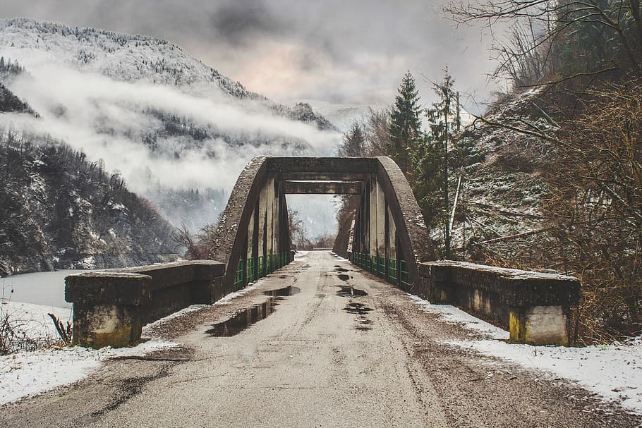 gray, concrete, bridge, snow, covered, mountain, silence, mist, fog, national