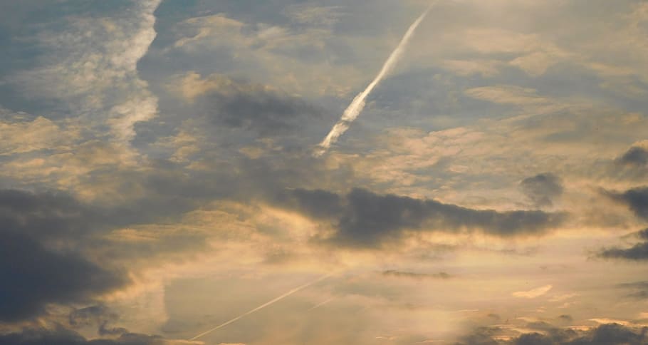 Contrail, Clouds, Romantic, sky, atmospheric, gloomy, beauty in nature, vapor trail, nature, tranquility