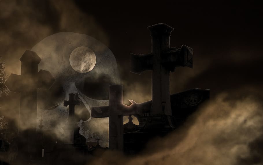 graveyard, full, moon, cemetery, composing, skull and crossbones, fog, weird, skull, death