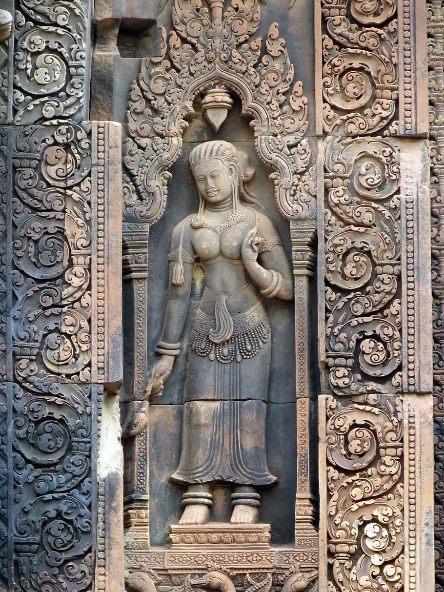 angkor, temple, banteay srei, temple women, statues, dancer, relief, archaeology, architecture, the past