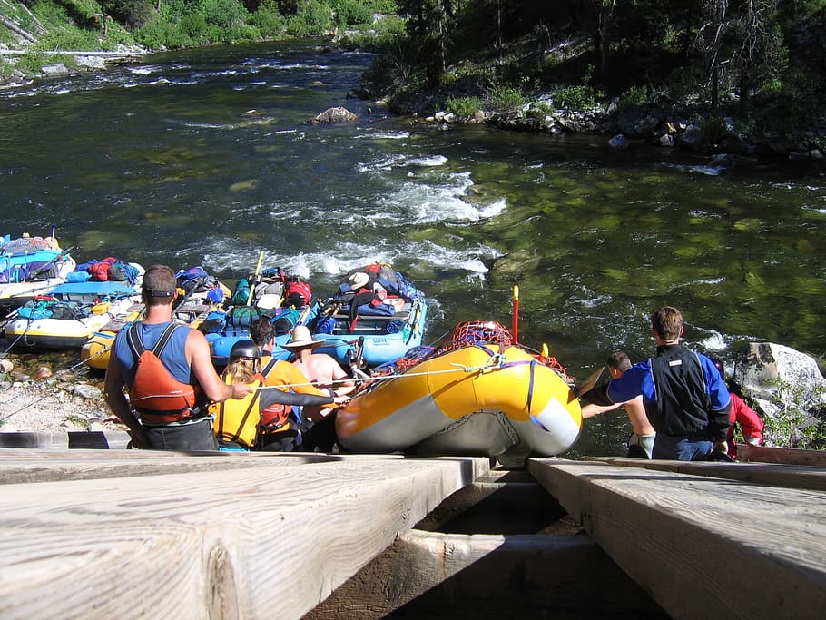 rafting, salmon river, launch, ramp, middle fork salmon river, rafts, put in, real people, water, group of people