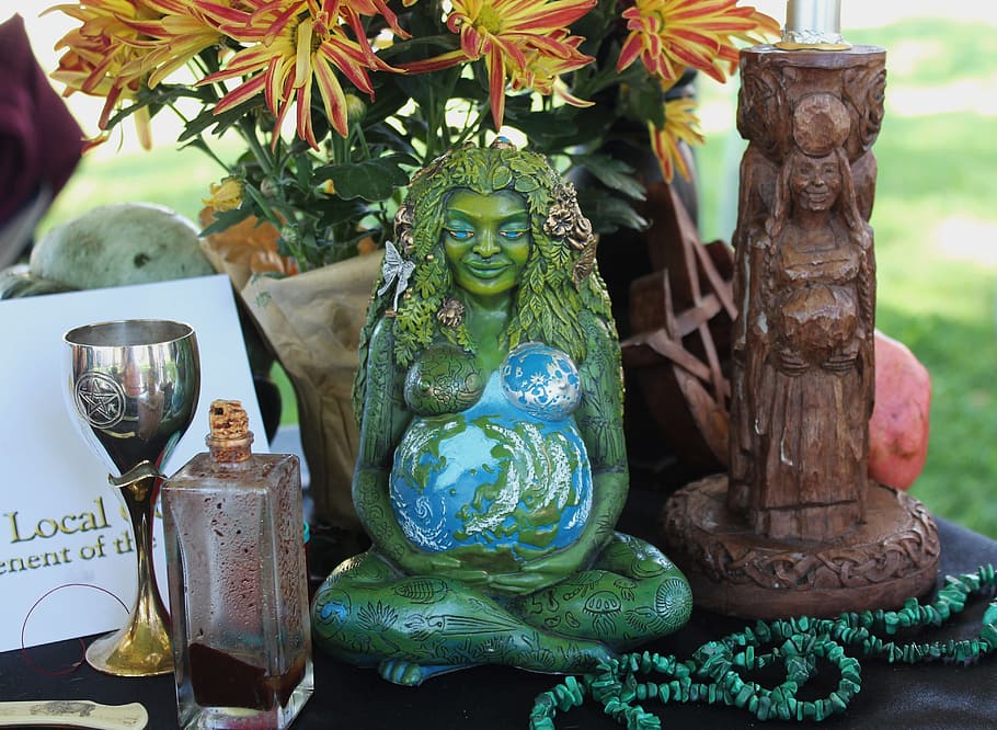 close, mother earth figurine, green, ceramic, figurine, pagan altar, goddess, altar, wicca, coven