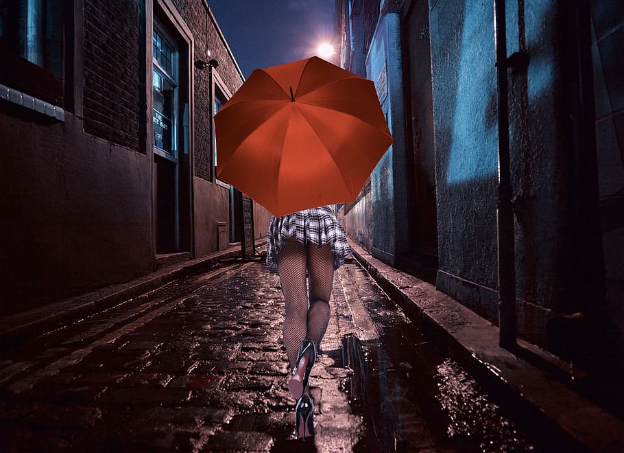 woman, walking, street, human, road, wet, alley, night, lantern, short skirt