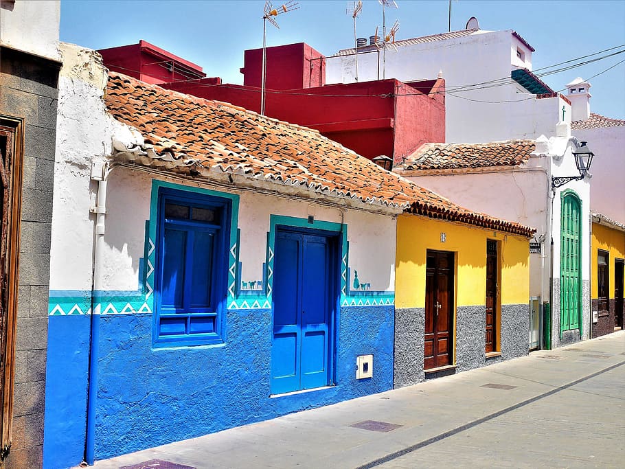 white, blue, yellow, concrete, houses, puerto de la cruze, facades of houses, tenerife, building exterior, architecture