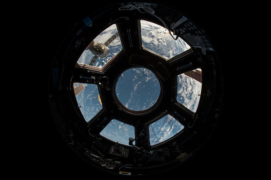 low, angle photograph, concrete, structure, iss, window, earth, international space station, lookout, glass