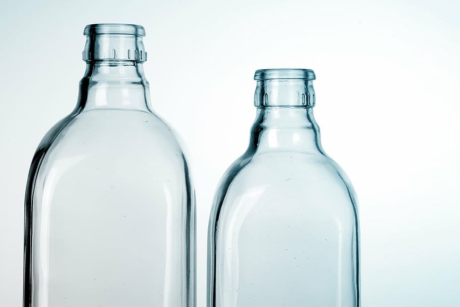 two, clear, glass bottles, bottle, bottles, clean, glass, drinking glass, alcohol, glass - material