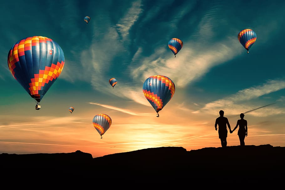 blue, yellow, orange, hot, air baloons, hot air balloon, sunrise, hot air balloon ride, adventure, sky