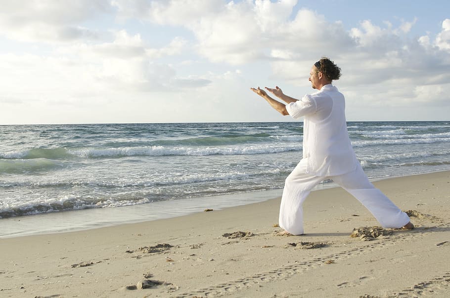 man, wearing, white, top, beach, daytime, tai qi, qi gong, activity, body