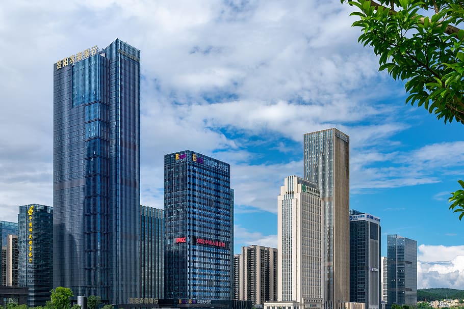 white cloud, stratus, cirrus, building, skyscraper, bank, enterprise, office, china, guizhou