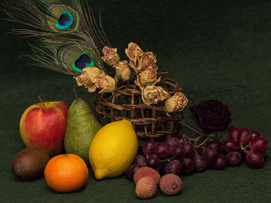 variety, fruits still-life painting, Still Life, Fruits, Flowers, tropical fruits, citrus fruits, dried flowers, peacock feather, fruit