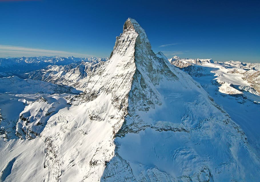 gunung, tertutup, putih, salju, biru, langit, udara, fotografi, matterhorn, switzerland