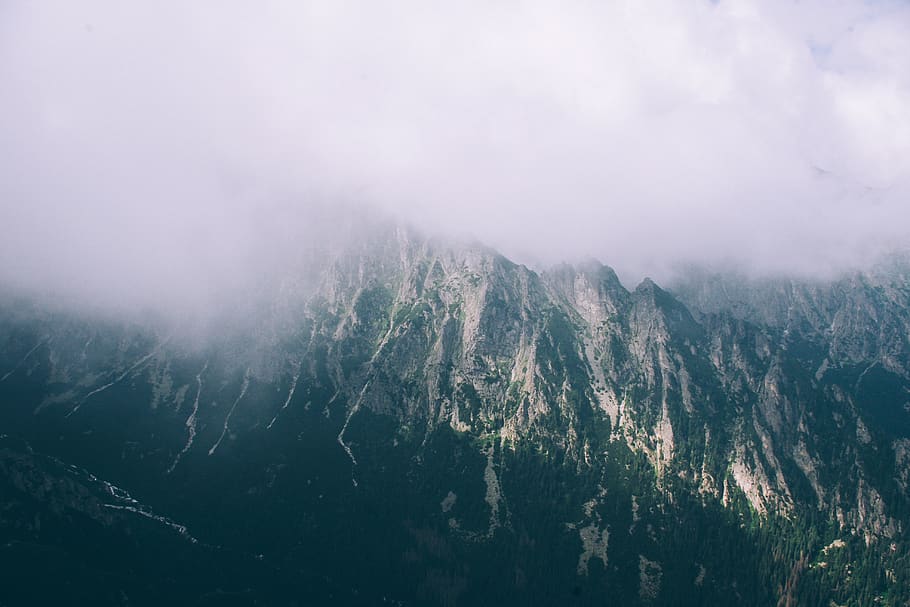 mountains, peaks, clouds, sky, cliffs, fog, mountain, beauty in nature, scenics - nature, tranquil scene