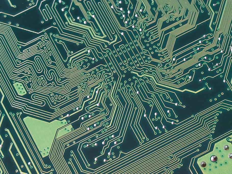 green, gold control board, computer, motherboard, printed circuit, mainboard, computer board, hardware, pc, chip
