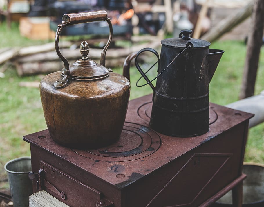 blur, close-up, container, kettle, metal, old, outdoor, pot, retro, rustic