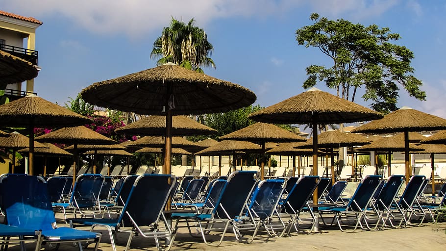 hotel, resort, summer, vacation, relaxation, outdoors, umbrella, sunbed, cyprus, chair