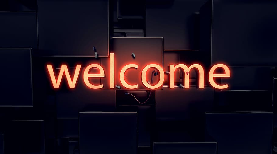 lighted welcome signage, welcome, lettering, typography, neon font, neon, ad, illuminated, illuminated letters, letters