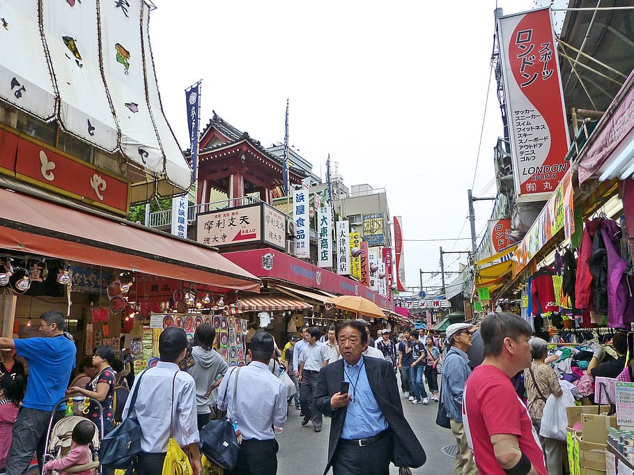 people on street, japan, tokyo, ueno, japanese, crowd, people, shop, stall, men