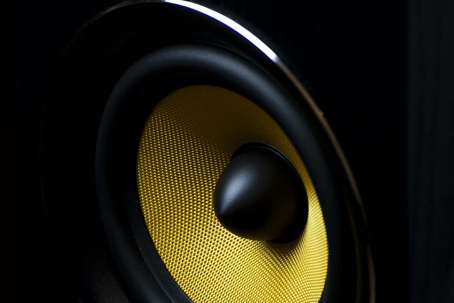 close-up photo, black, subwoofer speaker, yellow, subwoofer, speaker, music, bass, sound, audio