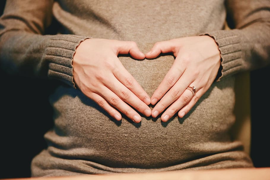 woman, wearing, brown, sweater, hands, pregnant, heart, love, gift, human Hand