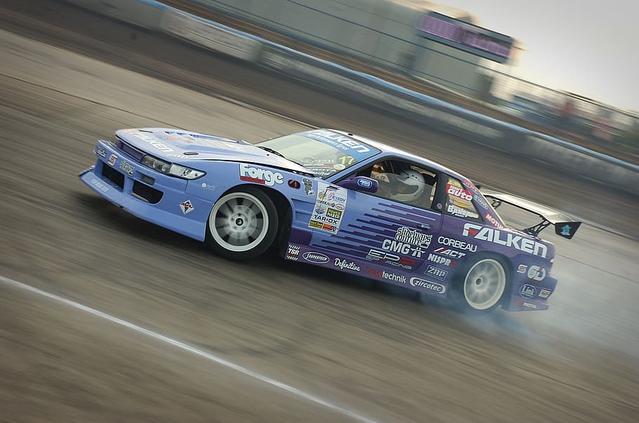blue, purple, vehicle, race track, nissan, drift, car, race, fast, speed