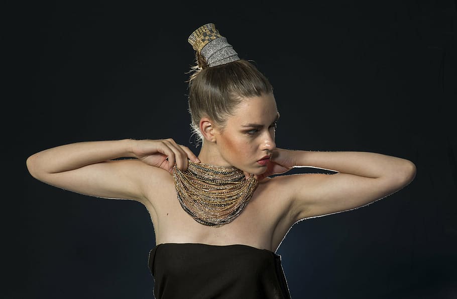 woman, holding, gold-colored necklace, model, fiction, exposure, conceptual, people, fashion, women's
