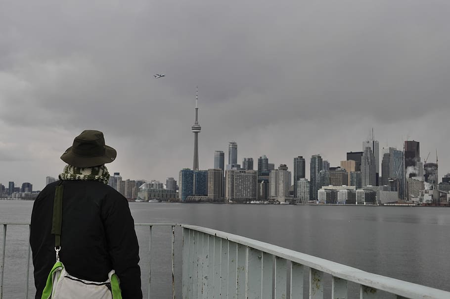 Торонто, Башня, Зима, Канада, CN, башня, центр города, остров, облачно, наблюдая