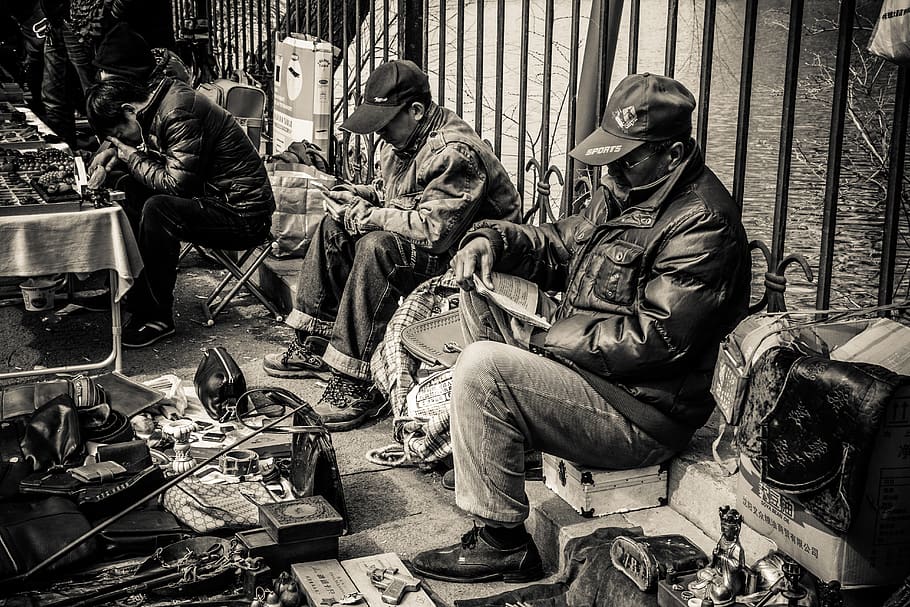black and white, documentary, character, china, street, people, auction, market, products, swap meet