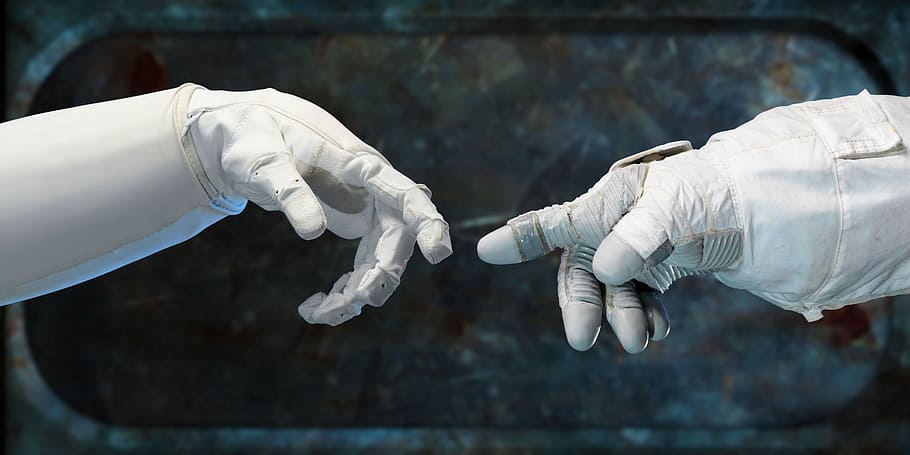 dua, tidak berpasangan, putih, sarung tangan, robot, menyentuh jari, jari, salam, teman, mesin