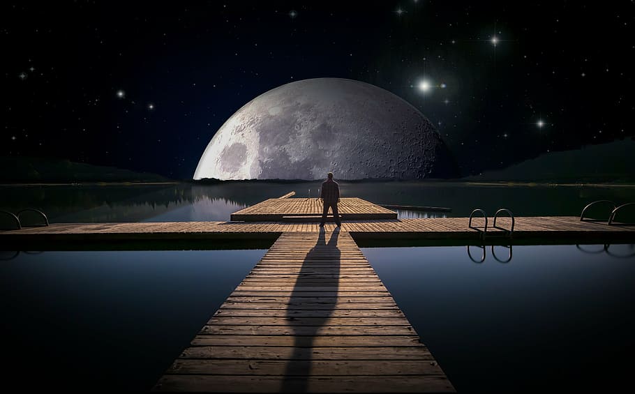 man, standing, dock, facing, moon, digital, wallpaper, lake, web, full moon