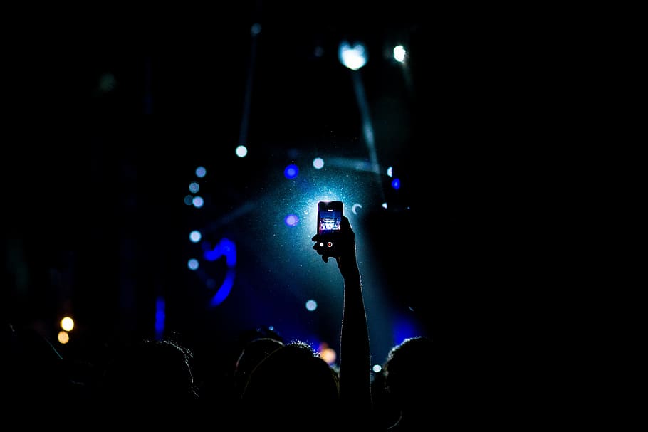 person, taking, video, concert, crowd, dark, people, silhouette, smartphone, music