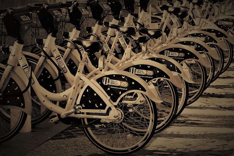 bicycles, sepia, car rental, cycle, transport system, bike, series, rent, bicycle, the prospect of
