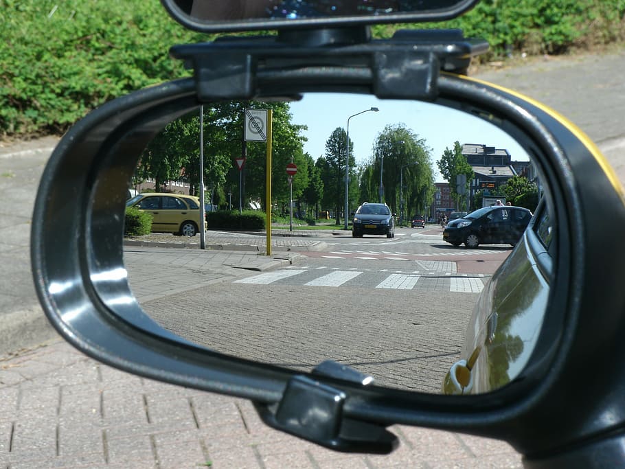 black, suv, road, mirror image, look backwards, flip, outside mirror, rear view mirror, traffic, pedestrian crossing