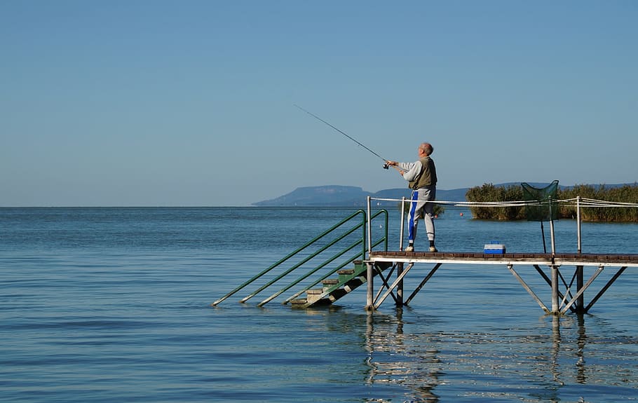 Lake, Balaton, Fisherman, Fish, Fishing, lake, balaton, cast, old man, fishing Rod, time Of Day
