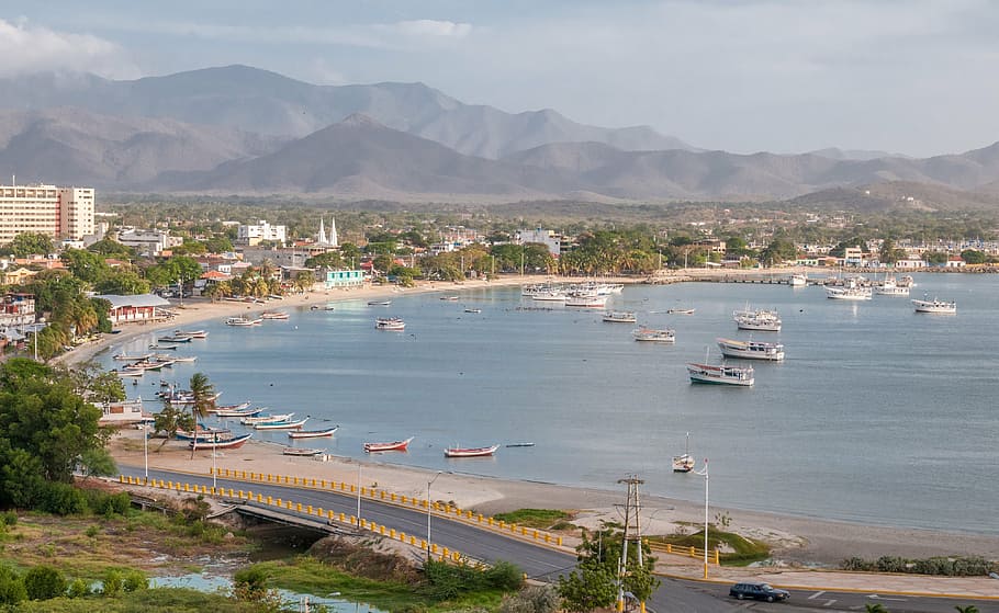 margarita island, scenic, view, harbor, panoramic, landscape, boats, sun, tropical, water