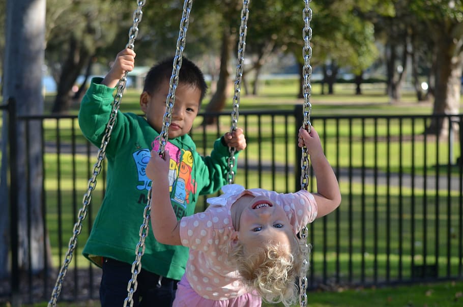 two, toddler, riding, swing, kids, park, playground, swings, childhood, playing
