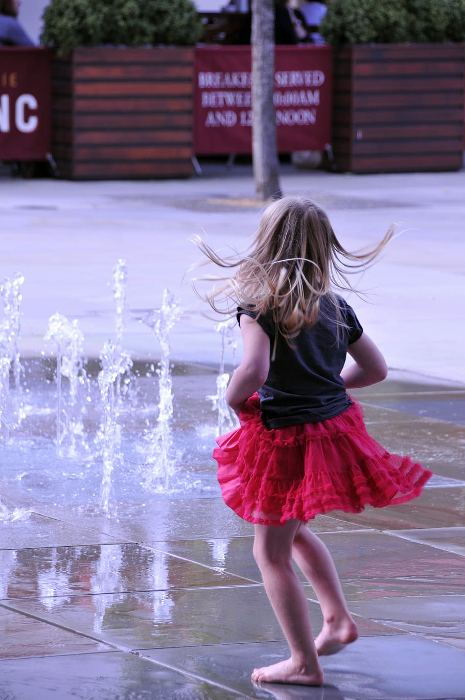 girl, playing, water fountain, little girl, dance, water jets, basin, fountain, children only, child