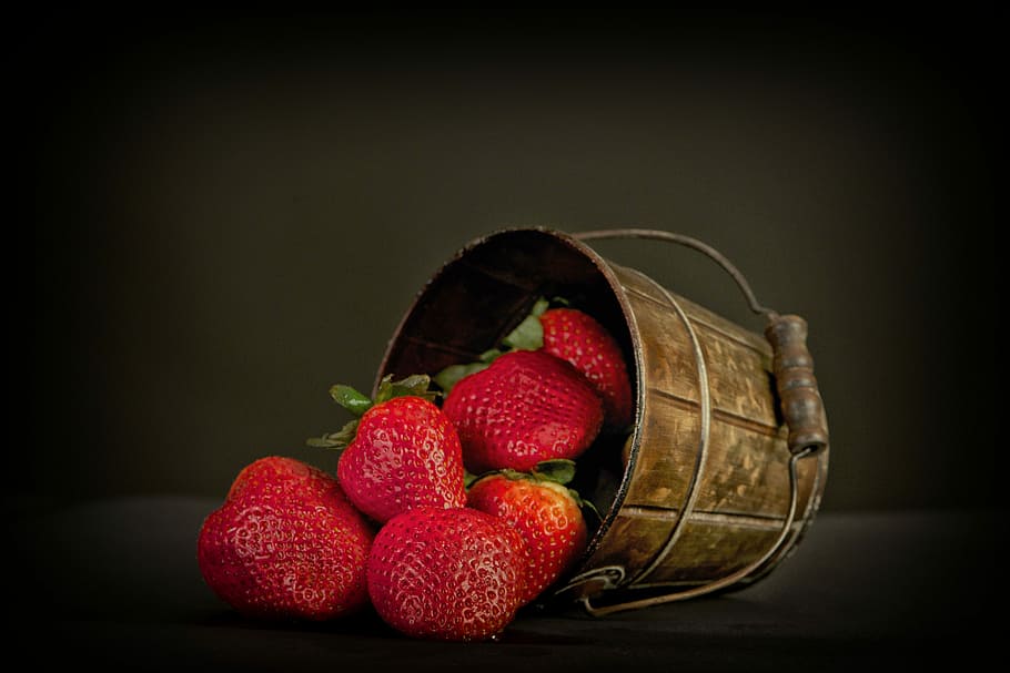 Strawberries, berries, berry, bucket, green, red, strawberry, fruit, food, freshness