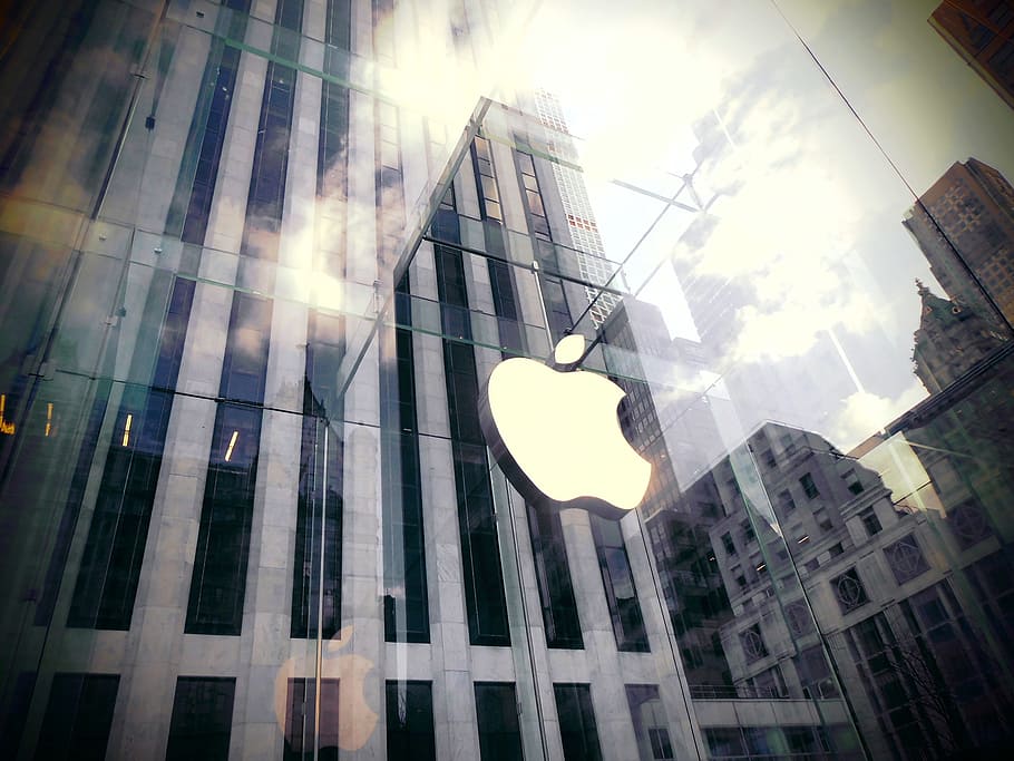 logotipo da apple, Nova York, EUA, Glass House, arte, silhueta, arranha-céu, quinta avenida, rosto, cidade
