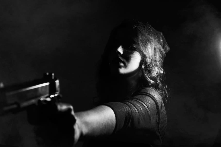 grayscale photo, person, holding, pistol, attack, blackmailing, crime, criminal, defence, defense