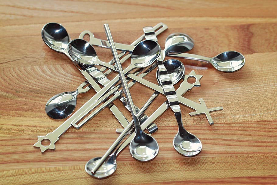 silver-colored spoon lot, brown, wooden, surface], spoon, coffee spoon, cutlery, teaspoon, silver, shiny