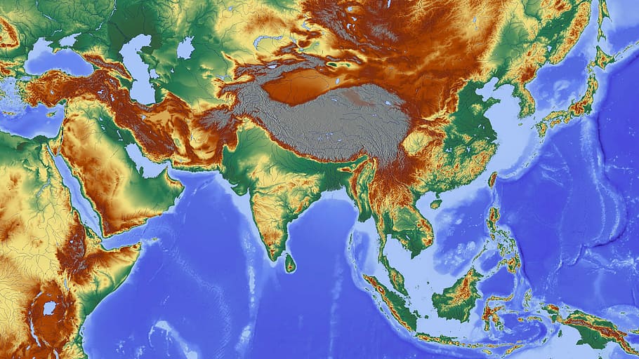 mapa de elevación, Elevación, mapa, Asia, fotos, cadenas montañosas, dominio público, mapa en relieve, topografía, azul