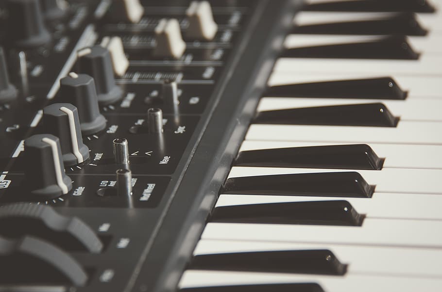 piano, teclado, blanco y negro, musical, instrumento, música, en el interior, primer plano, sin gente, instrumento musical