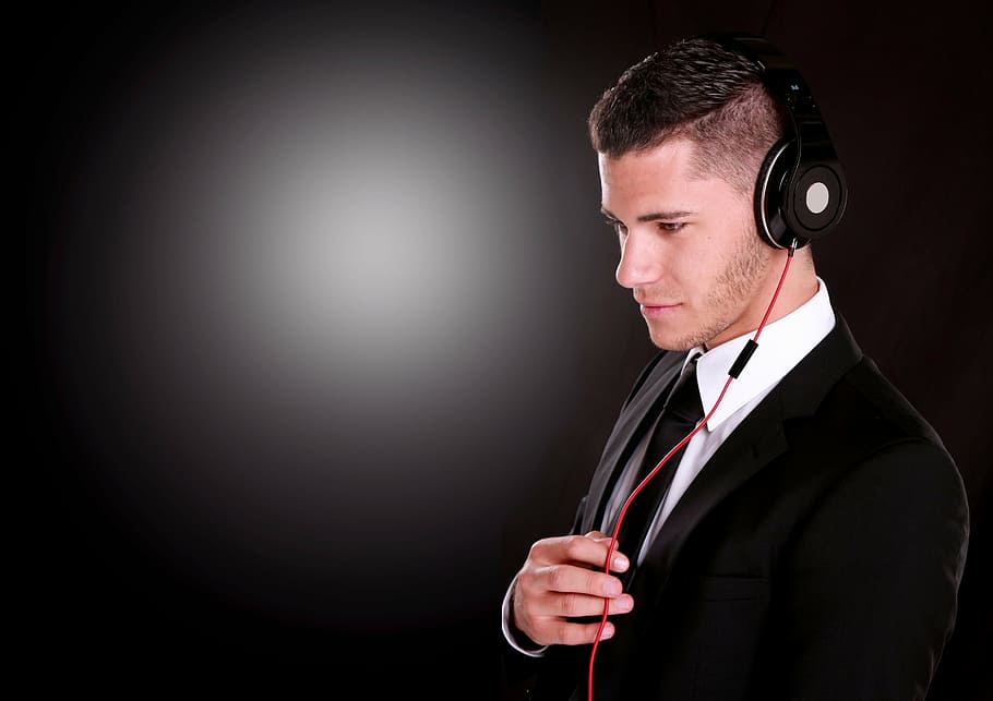 man, wearing, black, headphones, business, businessman, office, suit, success, work