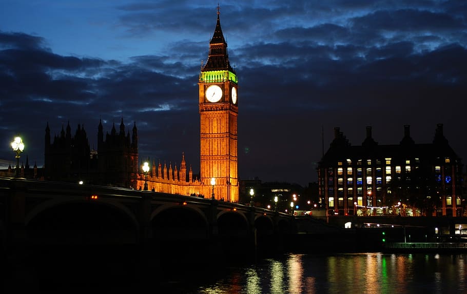 Big Ben, Parlamento, Londres, Noite, luzes, reflexão, cidade, rio Tamisa, Inglaterra, arquitetura