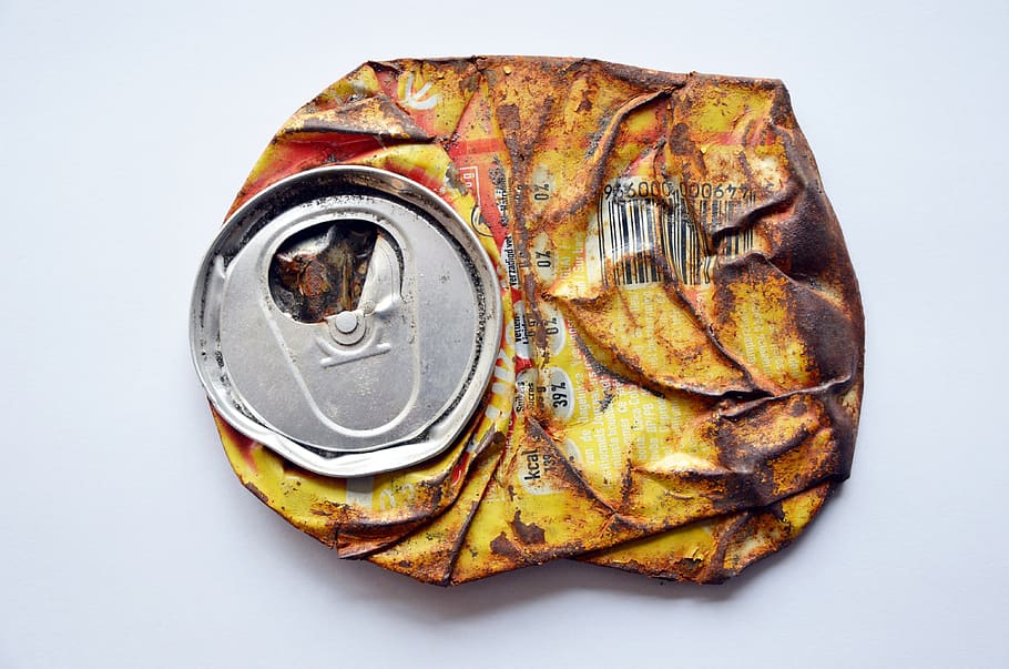 folded brown can, softdrink, can, drink, tin, flat, rusty, beverage, cans, soda