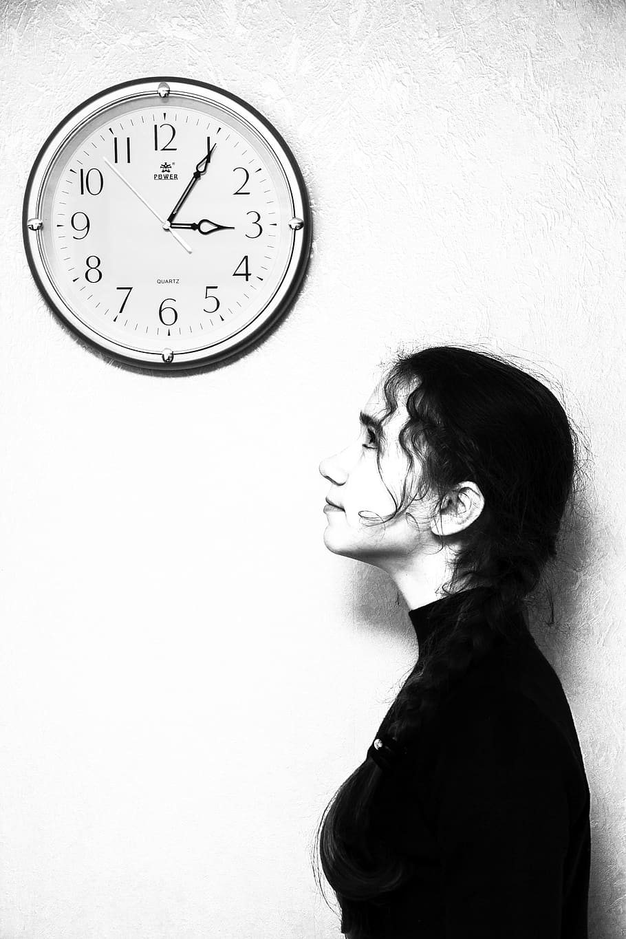 woman, standing, looking, wall clock, girl, clock, person, time, thinking, women
