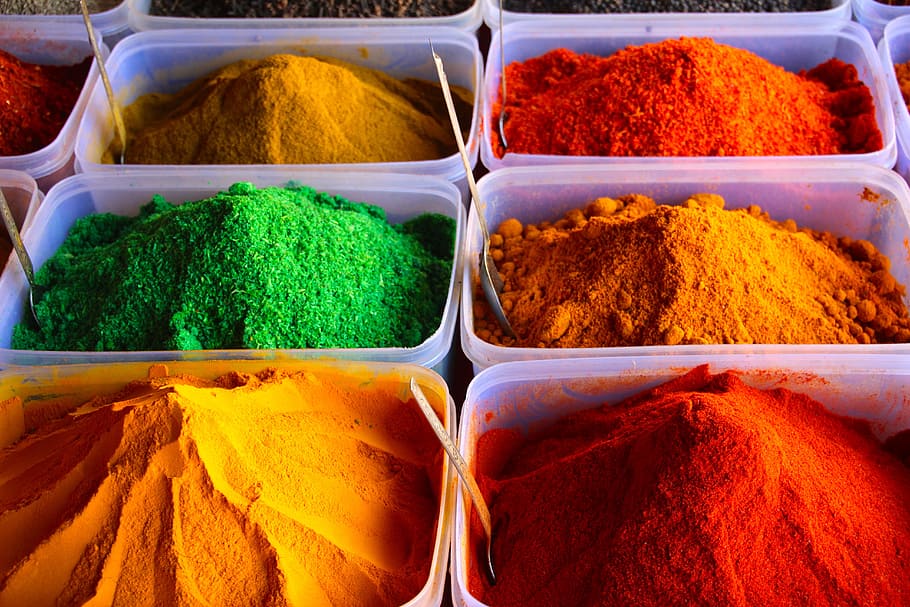assorted, powders, clear, plastic containers, color, spices, saffron, powder, bags, sharp